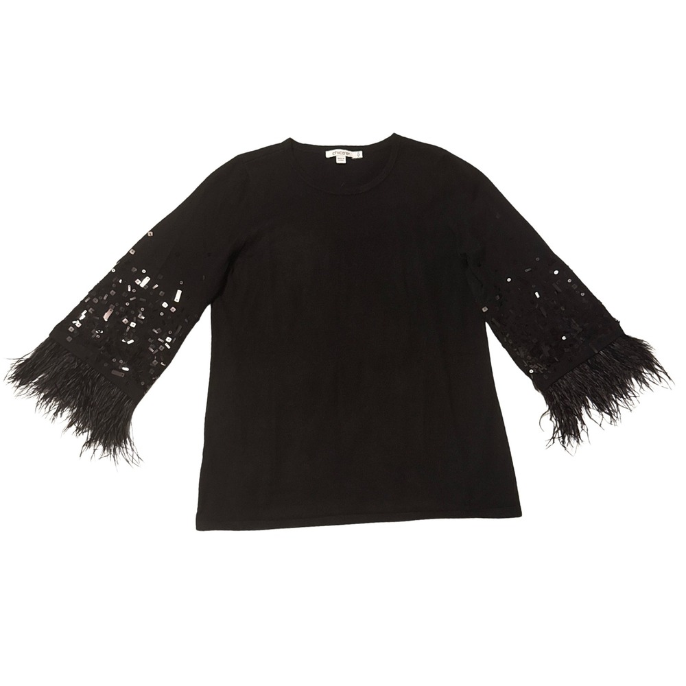 Chicos Black Beaded Feather Trim 3/4 Sleeve Knit Top Size 0 S Holiday Party Glam
